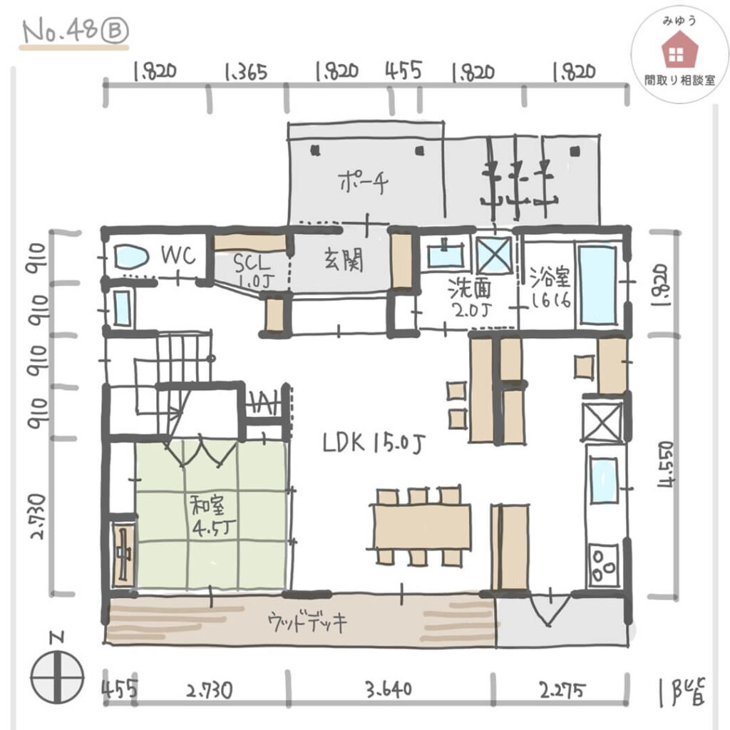 庭に繋がるLDKと和室、ウッドデッキのある間取り【35坪5LDK2階建】No.48B-寸法有1階