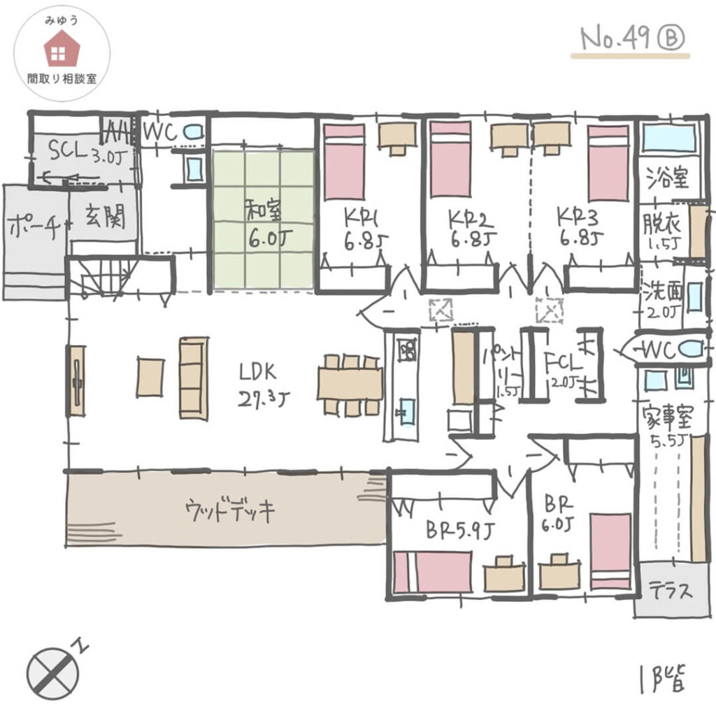 日当たりの良い家事室がある平屋建の間取り【53坪6LDK平屋建】No.49B-1階