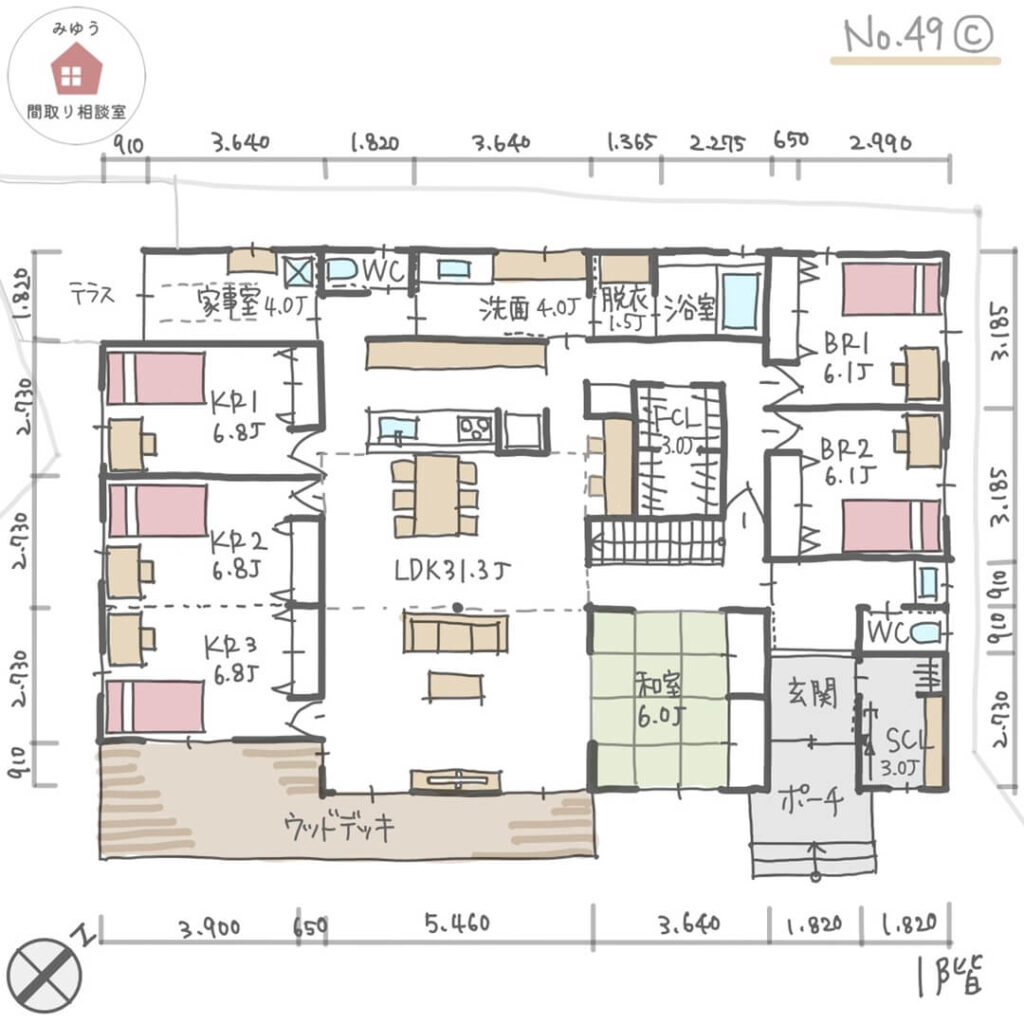 子ども室がLDKと隣り合う平屋建の間取り【54坪6LDK平屋建】No.49C-寸法有1階