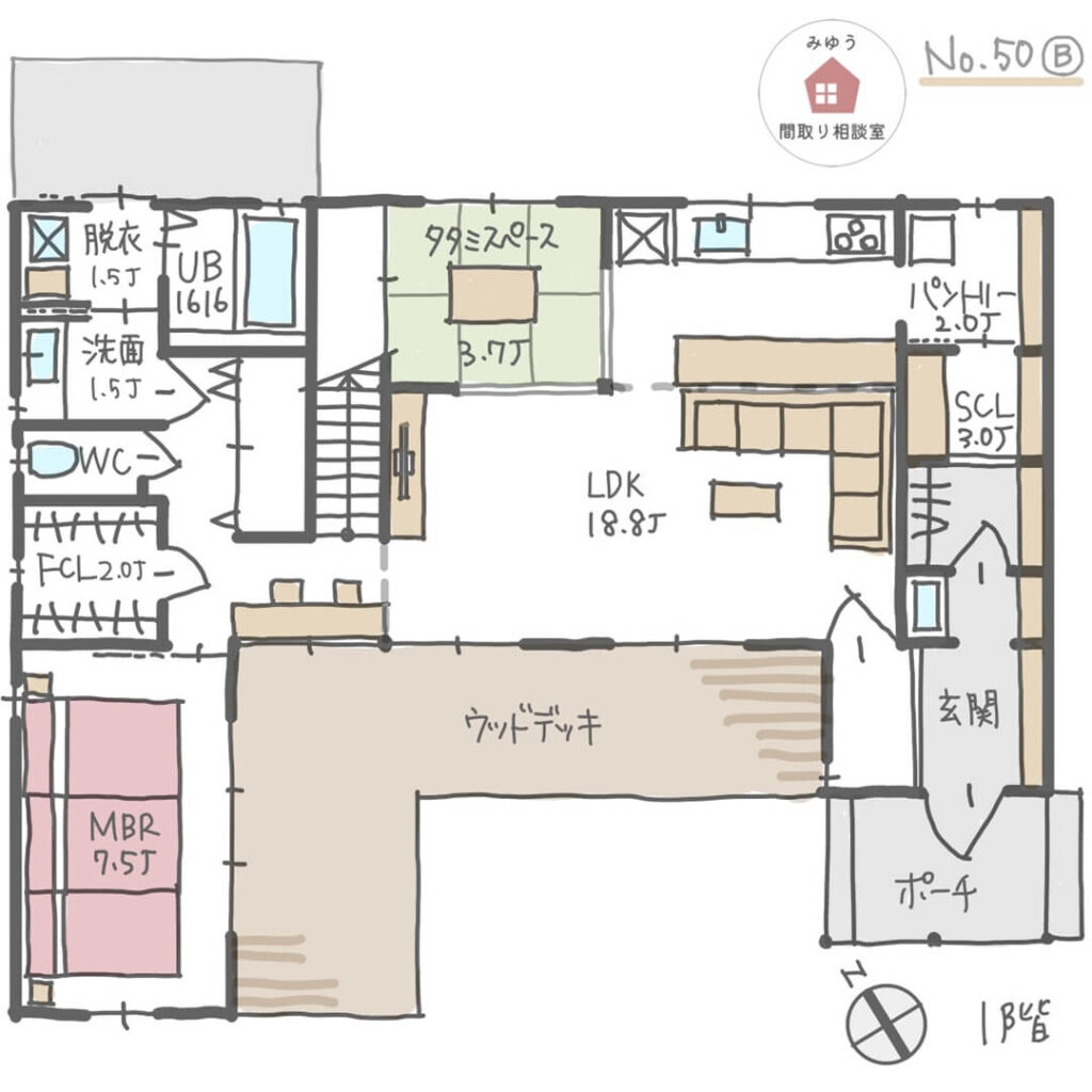 小上がりの畳スペースでも食卓を囲める間取り【33坪3LDK2階建】No.50B-1階