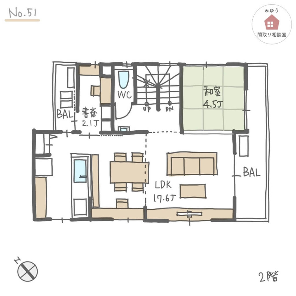 ２階LDKと隣り合ってワークスペースと和室がある間取り【29坪4LDK2階建】No.51-2階