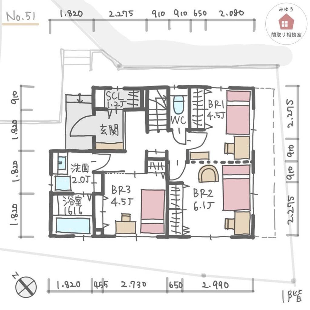 ２階LDKと隣り合ってワークスペースと和室がある間取り【29坪4LDK2階建】No.51-寸法有1階