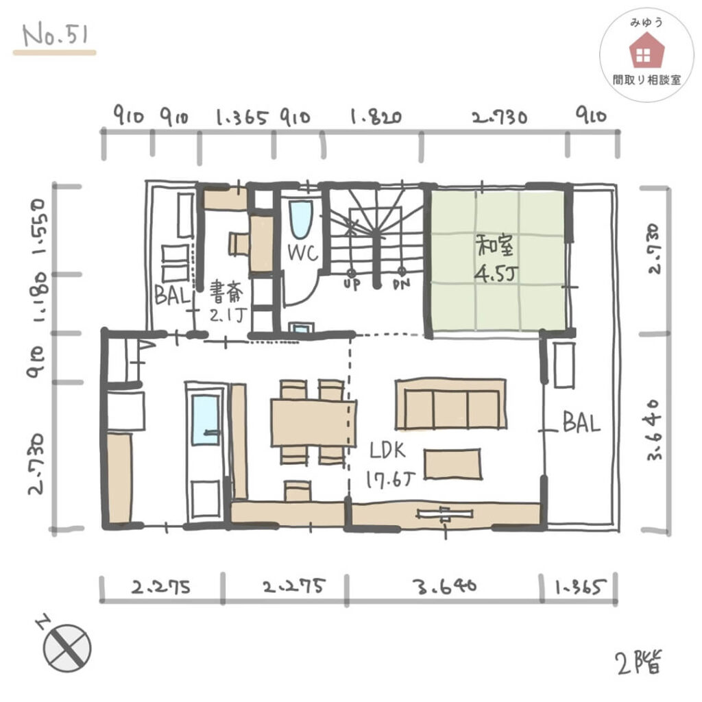 ２階LDKと隣り合ってワークスペースと和室がある間取り【29坪4LDK2階建】No.51-寸法有2階