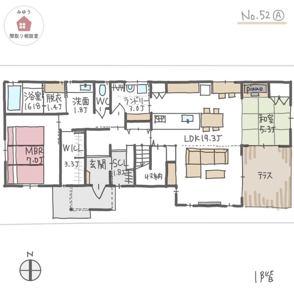 １階に主寝室があるほぼ平屋建の間取り【37坪4LDK2階建】No.52A-1階