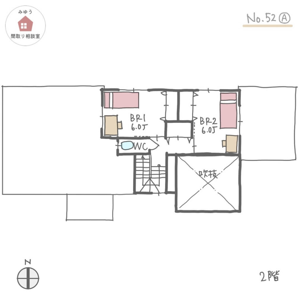 １階に主寝室があるほぼ平屋建の間取り【37坪4LDK2階建】No.52A-2階