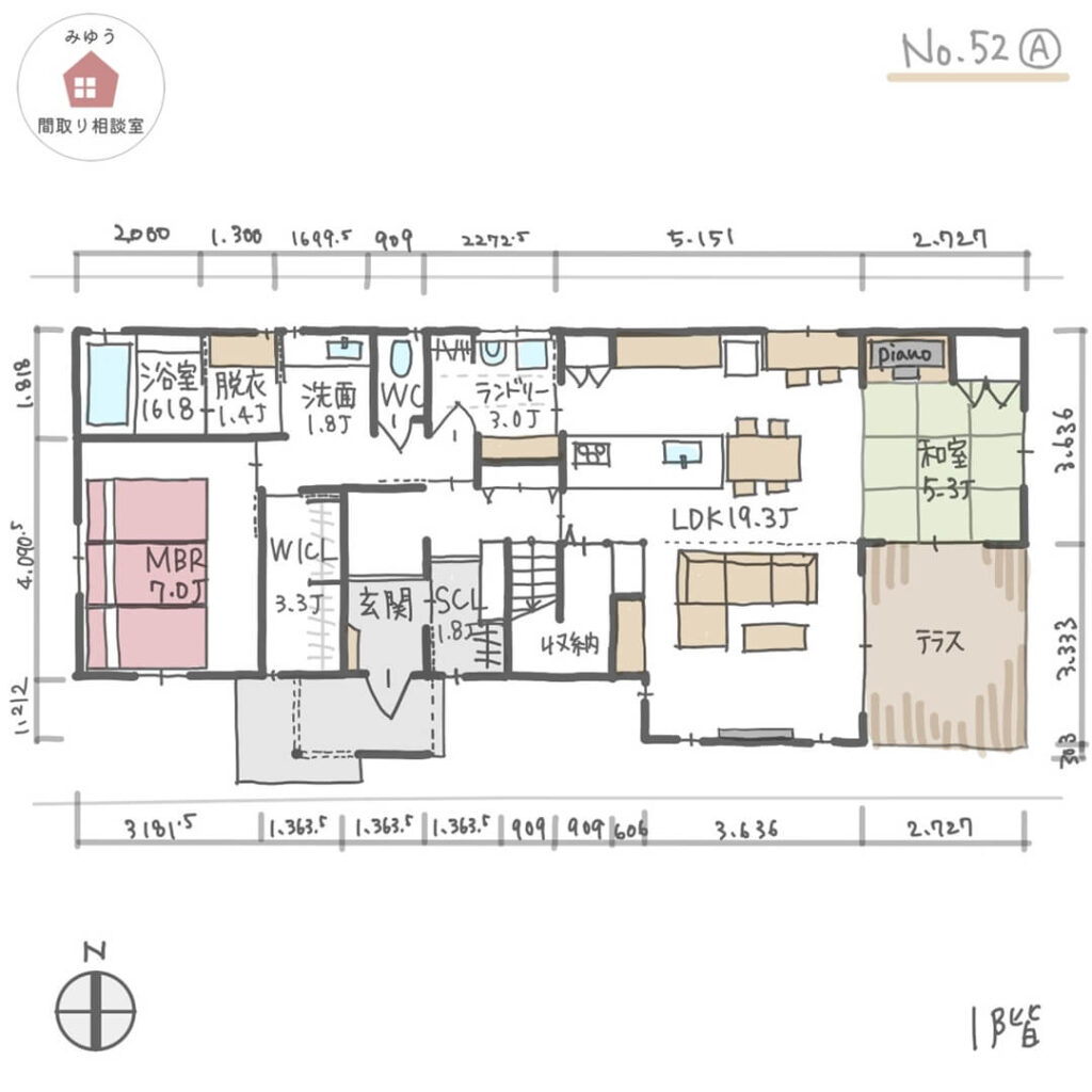 １階に主寝室があるほぼ平屋建の間取り【37坪4LDK2階建】No.52A-寸法有1階