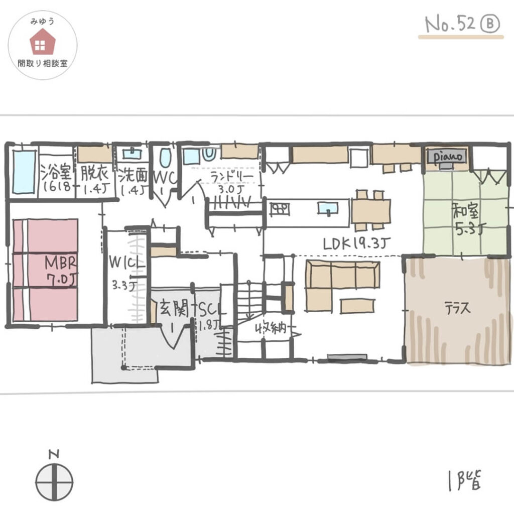 洗濯動線が良く、家事室のあるほぼ平屋建の間取り【40坪4LDK2階建】No.52B-1階