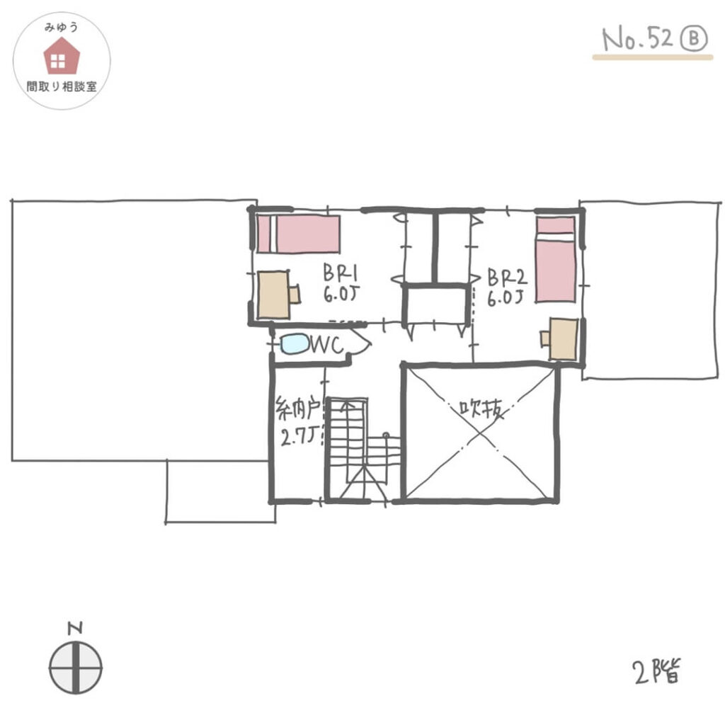 洗濯動線が良く、家事室のあるほぼ平屋建の間取り【40坪4LDK2階建】No.52B-2階