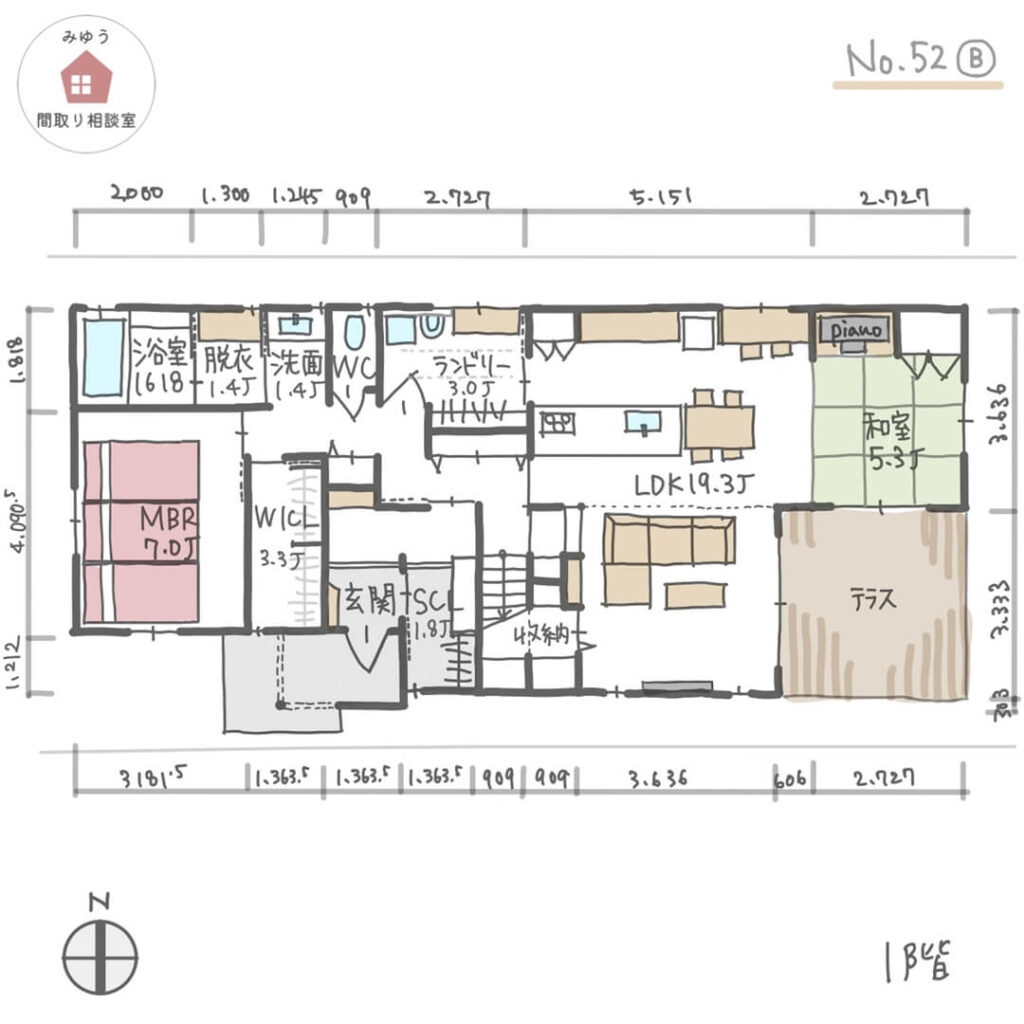 洗濯動線が良く、家事室のあるほぼ平屋建の間取り【40坪4LDK2階建】No.52B-寸法有1階