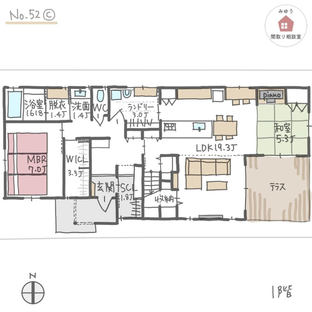 ２階は子供部屋３室で、１階に水回りと主寝室があるほぼ平屋間取り【44坪5LDK2階建】No.52C-1階