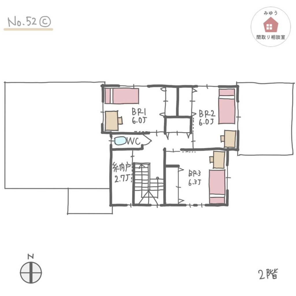 ２階は子供部屋３室で、１階に水回りと主寝室があるほぼ平屋間取り【44坪5LDK2階建】No.52C-2階