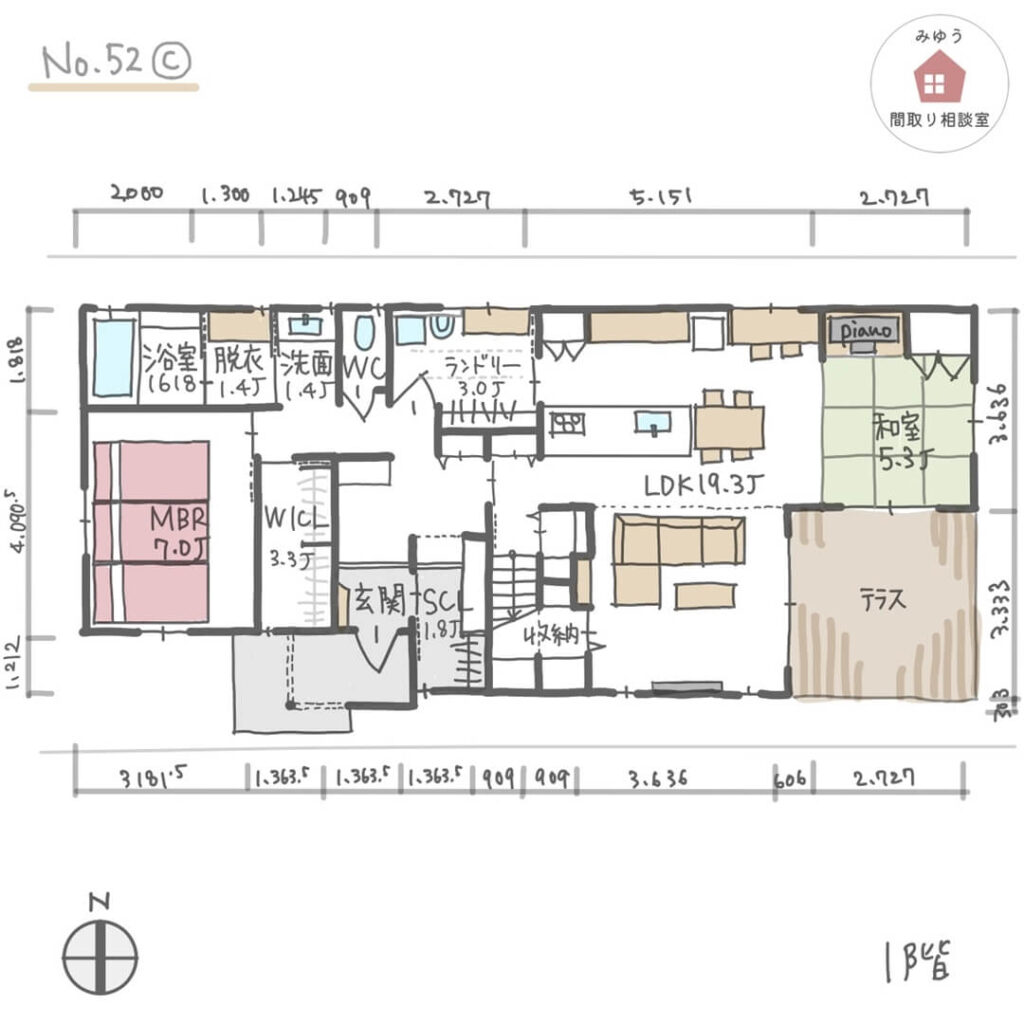 ２階は子供部屋３室で、１階に水回りと主寝室があるほぼ平屋間取り【44坪5LDK2階建】No.52C-寸法有1階