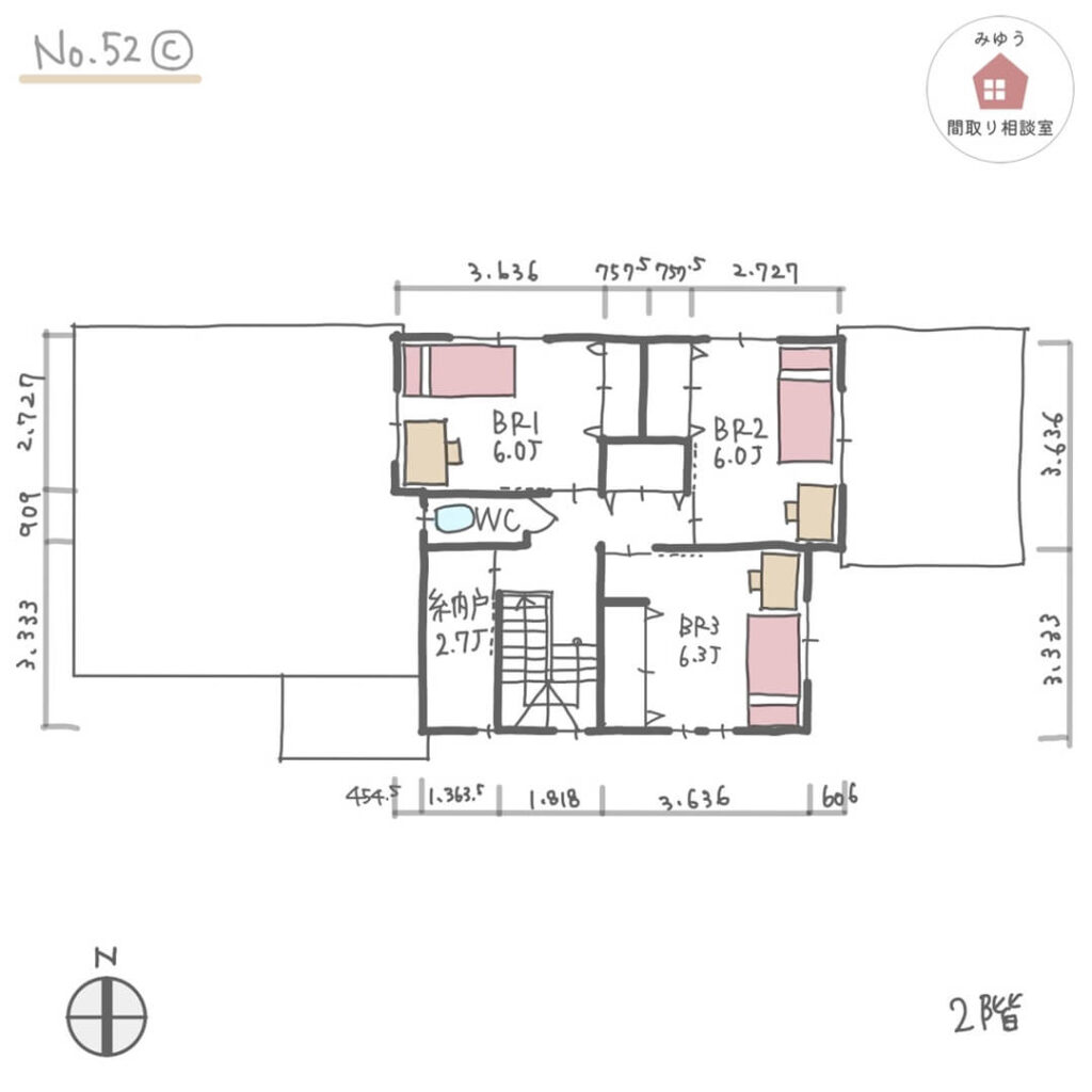 ２階は子供部屋３室で、１階に水回りと主寝室があるほぼ平屋間取り【44坪5LDK2階建】No.52C-寸法有2階