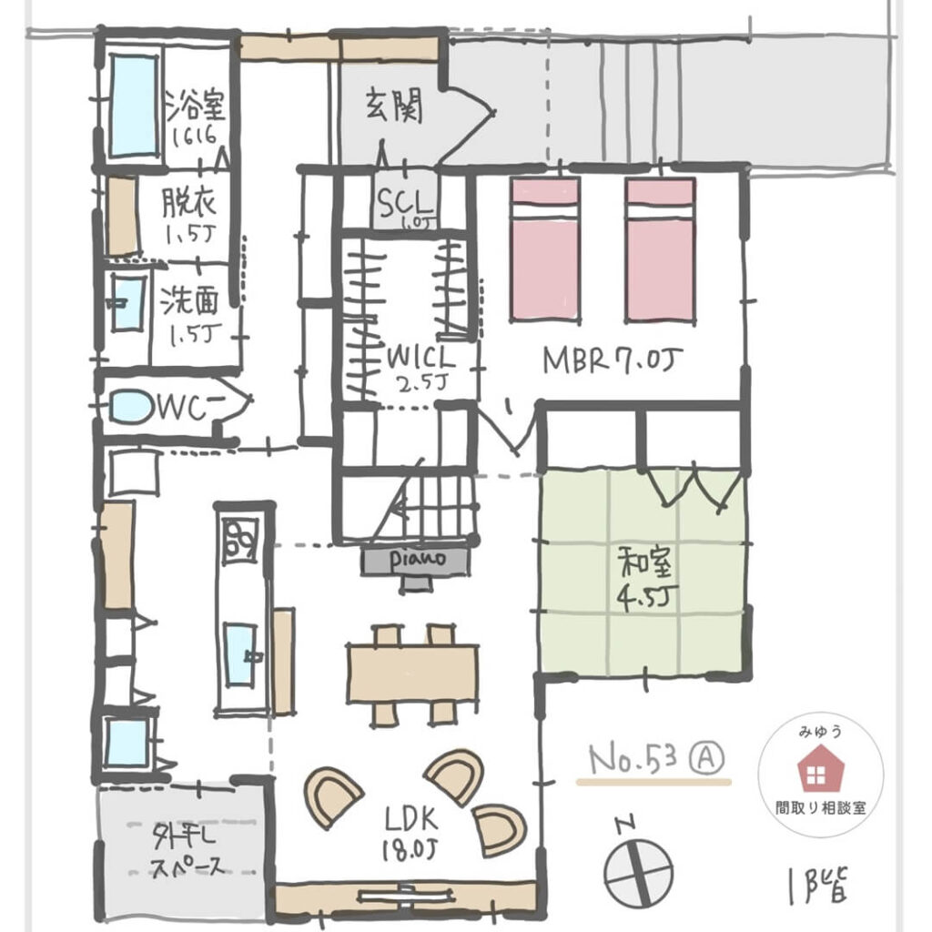 キッチン横に洗濯機と外干しテラスがある間取り【33坪4LDK2階建】No.53A-1階