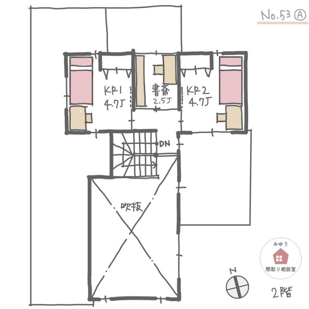 キッチン横に洗濯機と外干しテラスがある間取り【33坪4LDK2階建】No.53A-2階