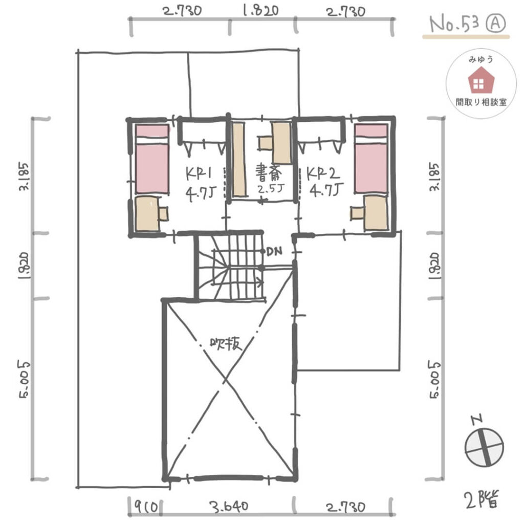 キッチン横に洗濯機と外干しテラスがある間取り【33坪4LDK2階建】No.53A-寸法有2階