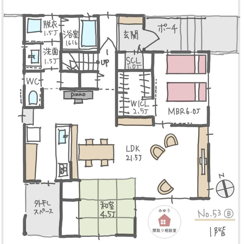 家相が良く家事動線が短い間取り【33坪4LDK2階建】No.53B-1階