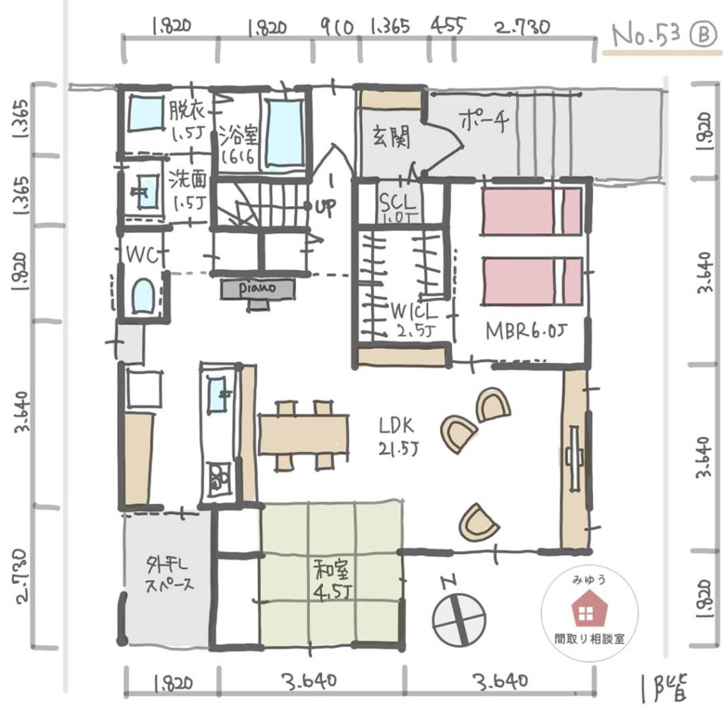 家相が良く家事動線が短い間取り【33坪4LDK2階建】No.53B-寸法有1階