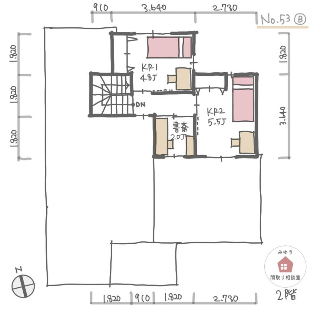 家相が良く家事動線が短い間取り【33坪4LDK2階建】No.53B-寸法有2階