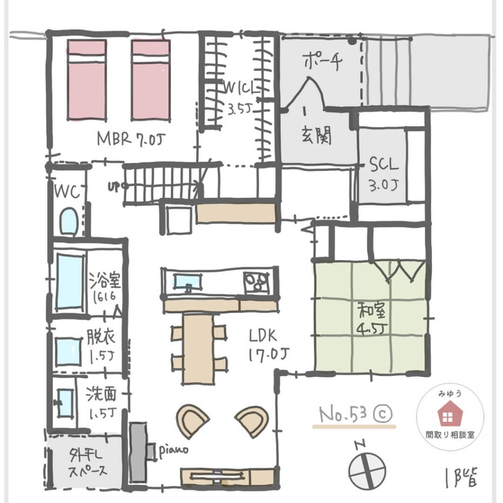 洗面・脱衣別で家事ラク！ほぼ平屋建の間取り【32坪4LDK2階建】No.53C-1階