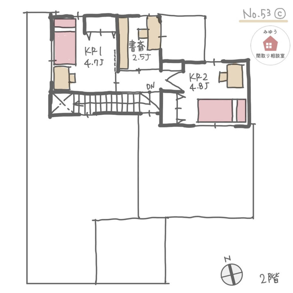 洗面・脱衣別で家事ラク！ほぼ平屋建の間取り【32坪4LDK2階建】No.53C-2階