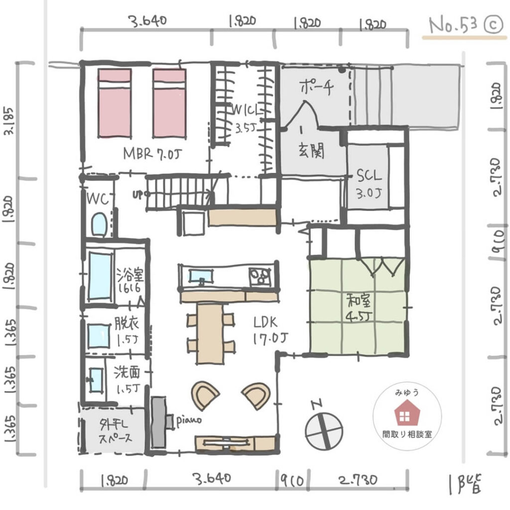 洗面・脱衣別で家事ラク！ほぼ平屋建の間取り【32坪4LDK2階建】No.53C-寸法有1階