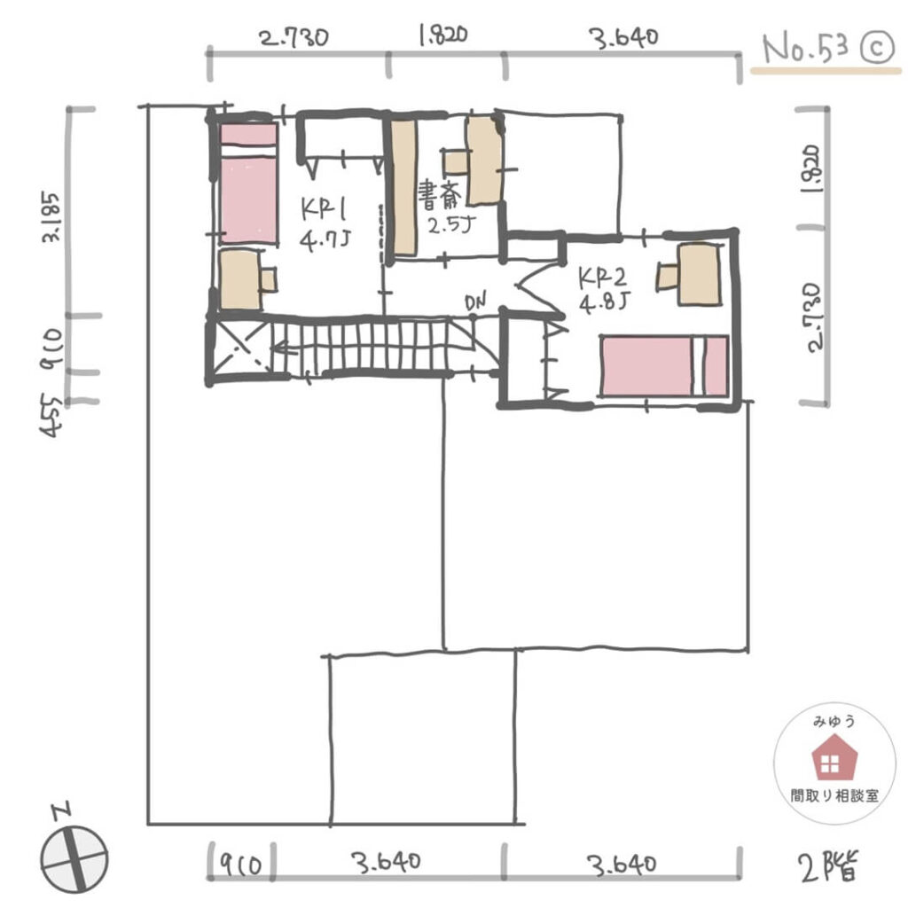 洗面・脱衣別で家事ラク！ほぼ平屋建の間取り【32坪4LDK2階建】No.53C-寸法有2階