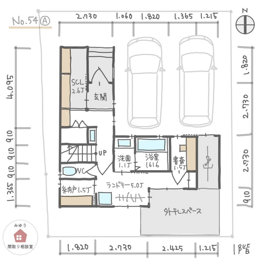 外干しテラスと家事室が隣合う、３階建て住宅の間取り【34坪3LDK3階建】No.54A-寸法有1階