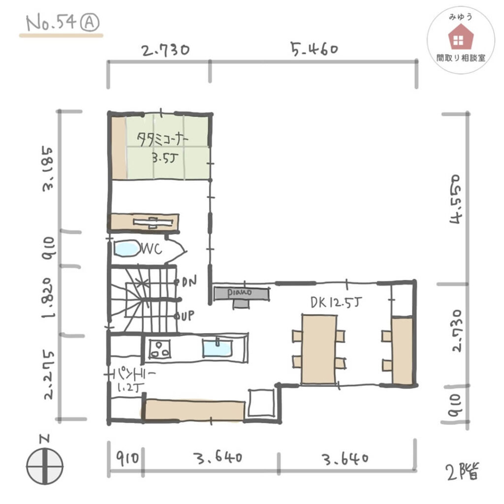 外干しテラスと家事室が隣合う、３階建て住宅の間取り【34坪3LDK3階建】No.54A-寸法有2階