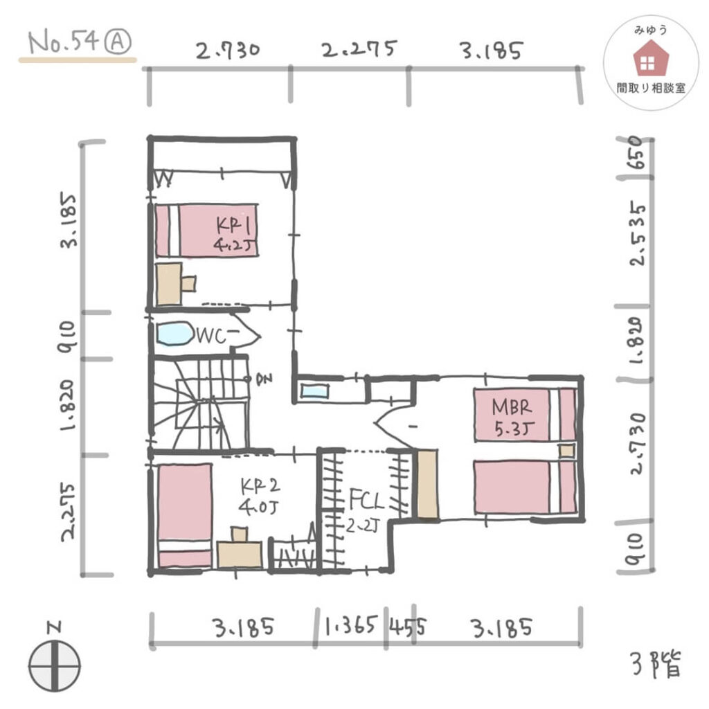 外干しテラスと家事室が隣合う、３階建て住宅の間取り【34坪3LDK3階建】No.54A-寸法有3階