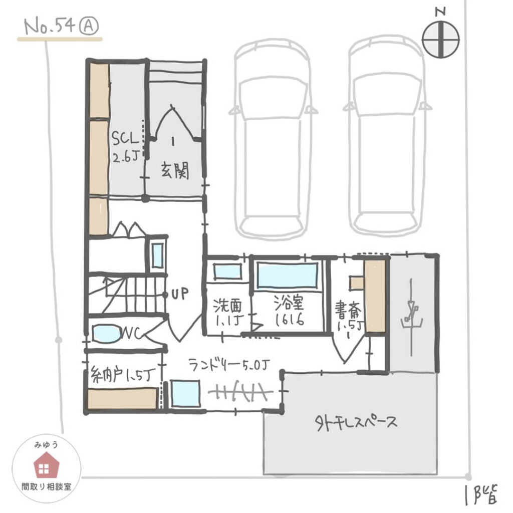 外干しテラスと家事室が隣合う、３階建て住宅の間取り【34坪3LDK3階建】No.54A-1階