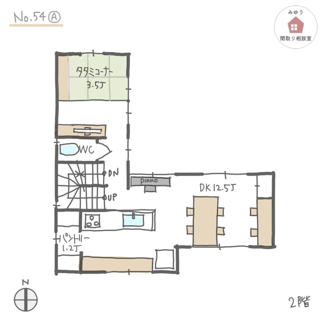 外干しテラスと家事室が隣合う、３階建て住宅の間取り【34坪3LDK3階建】No.54A-2階