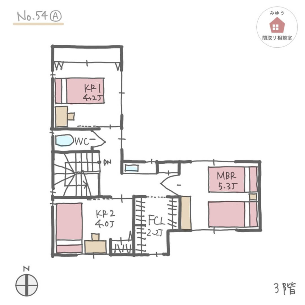 外干しテラスと家事室が隣合う、３階建て住宅の間取り【34坪3LDK3階建】No.54A-3階