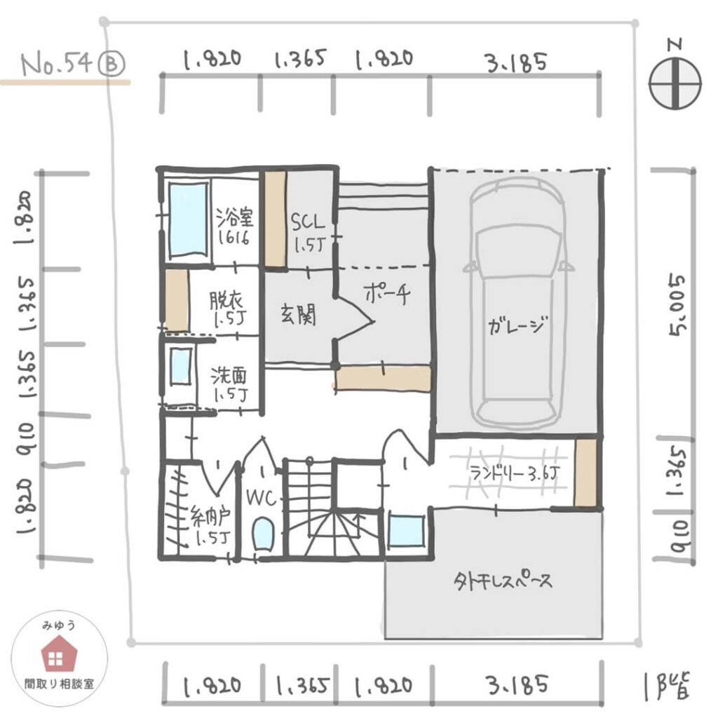 ３階建ての２階リビングに小上がり畳空間がある間取り【42坪3LDK3階建】No.54B-寸法有1階