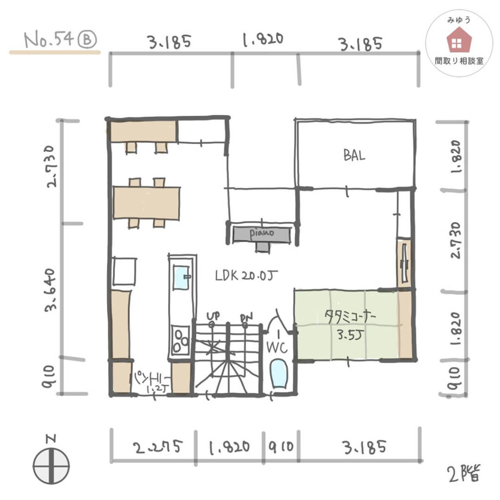 ３階建ての２階リビングに小上がり畳空間がある間取り【42坪3LDK3階建】No.54B-寸法有2階