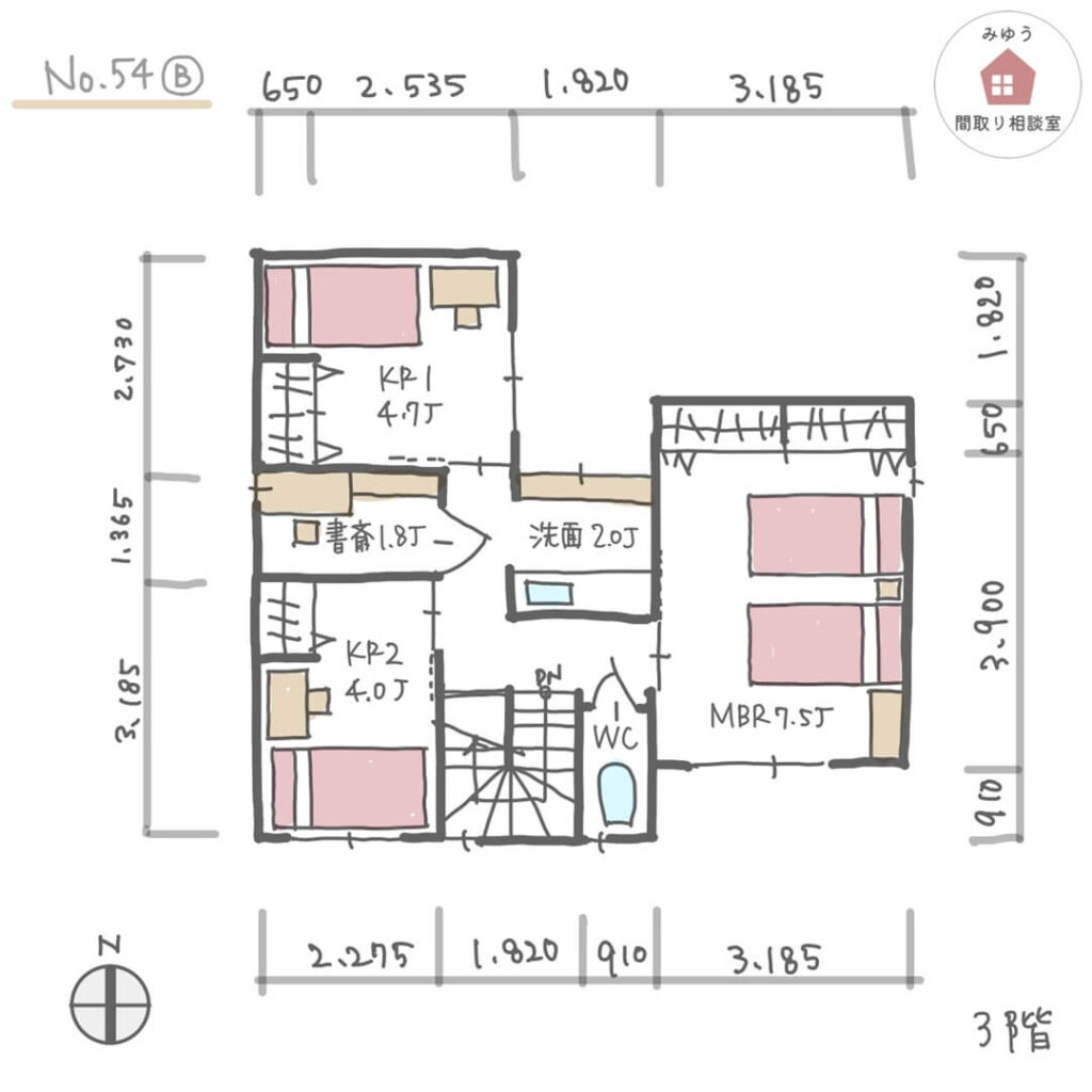 ３階建ての２階リビングに小上がり畳空間がある間取り【42坪3LDK3階建】No.54B-寸法有3階