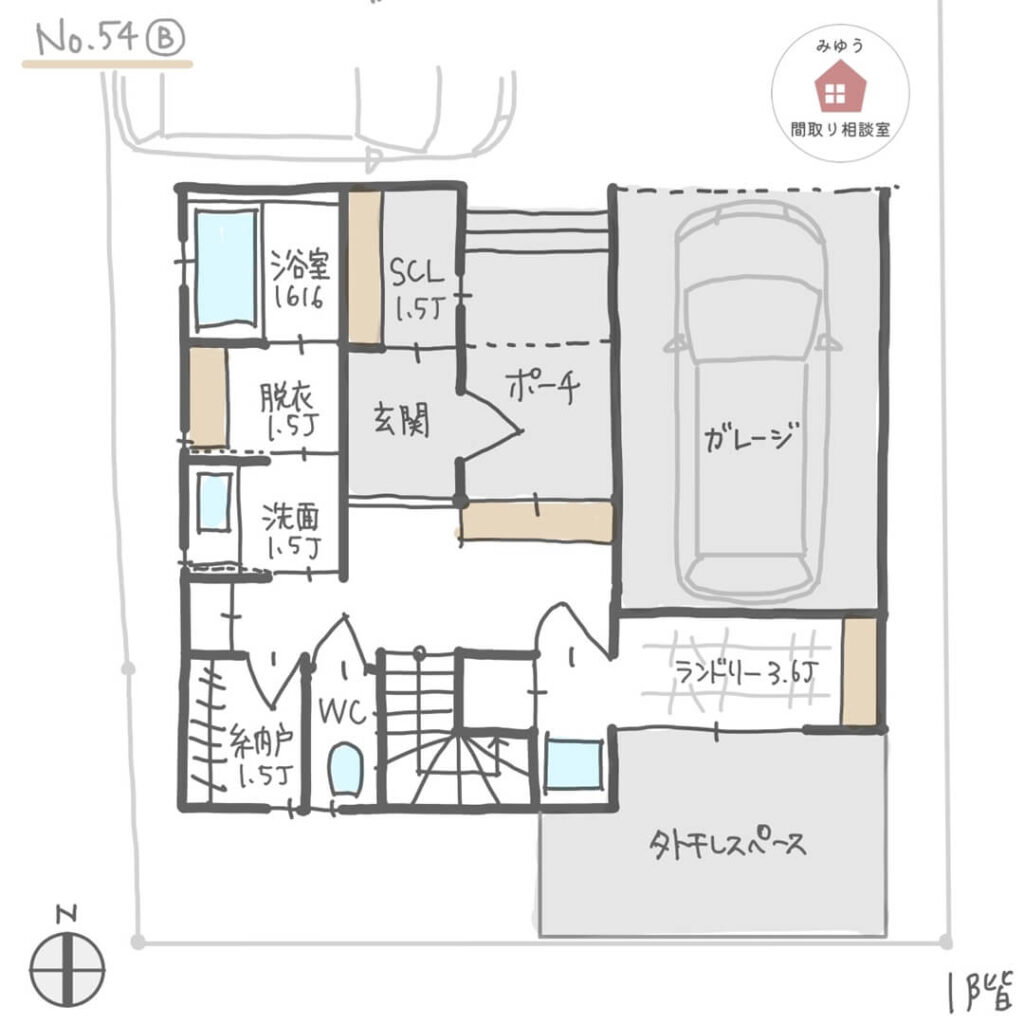 ３階建ての２階リビングに小上がり畳空間がある間取り【42坪3LDK3階建】No.54B-1階