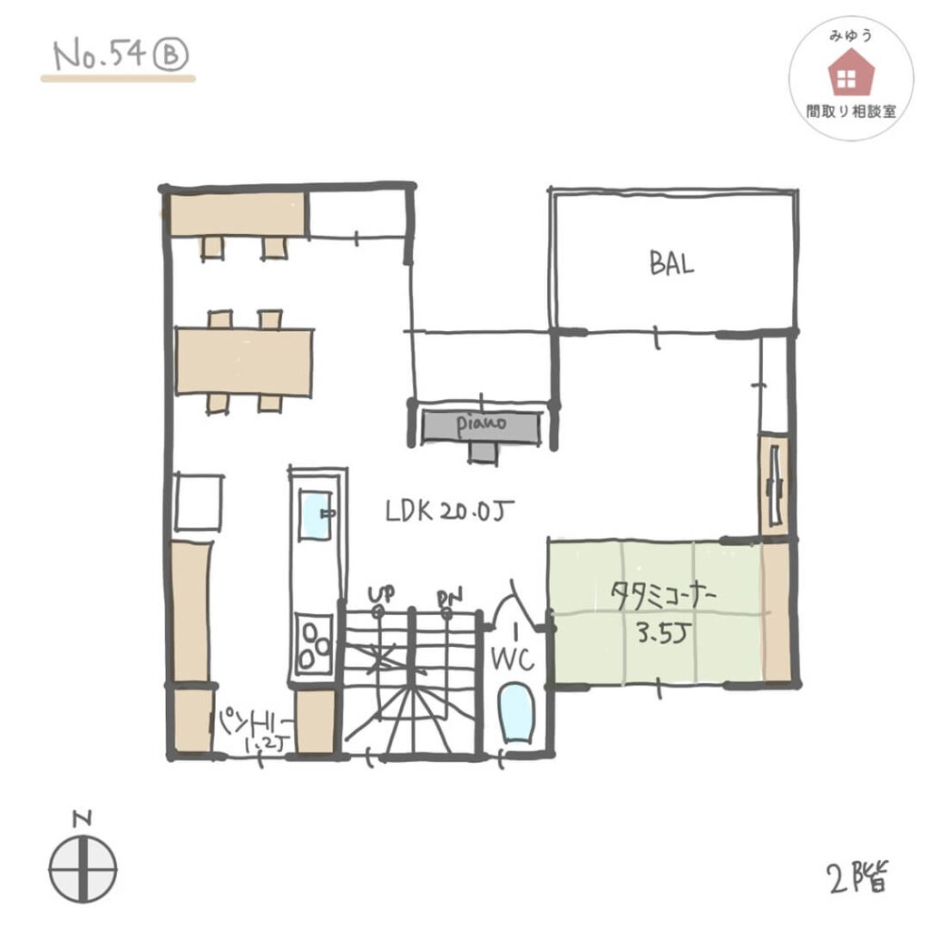 ３階建ての２階リビングに小上がり畳空間がある間取り【42坪3LDK3階建】No.54B-2階