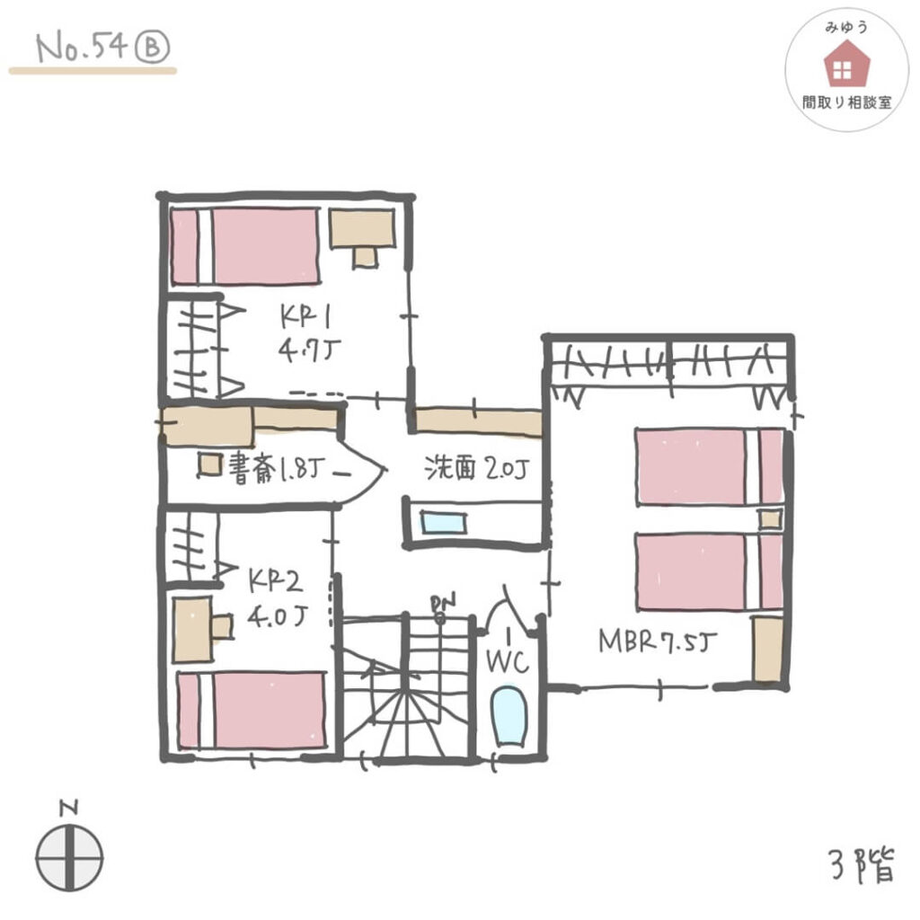 ３階建ての２階リビングに小上がり畳空間がある間取り【42坪3LDK3階建】No.54B-3階