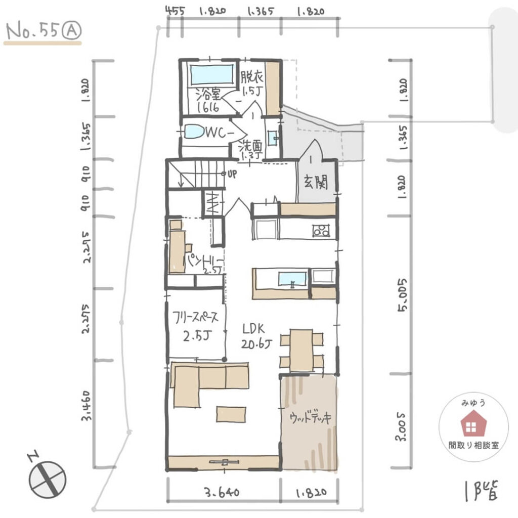 １階浴室で２階に洗濯室を設けた家事ラクな間取り【34坪3LDK2階建】No.55A-寸法有1階