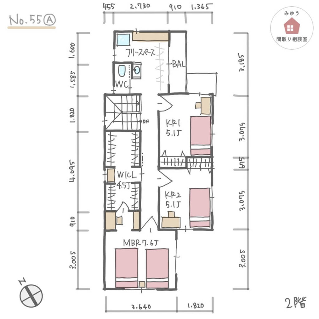 １階浴室で２階に洗濯室を設けた家事ラクな間取り【34坪3LDK2階建】No.55A-寸法有2階