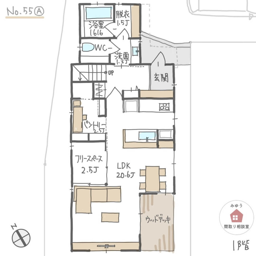 １階浴室で２階に洗濯室を設けた家事ラクな間取り【34坪3LDK2階建】No.55A-1階