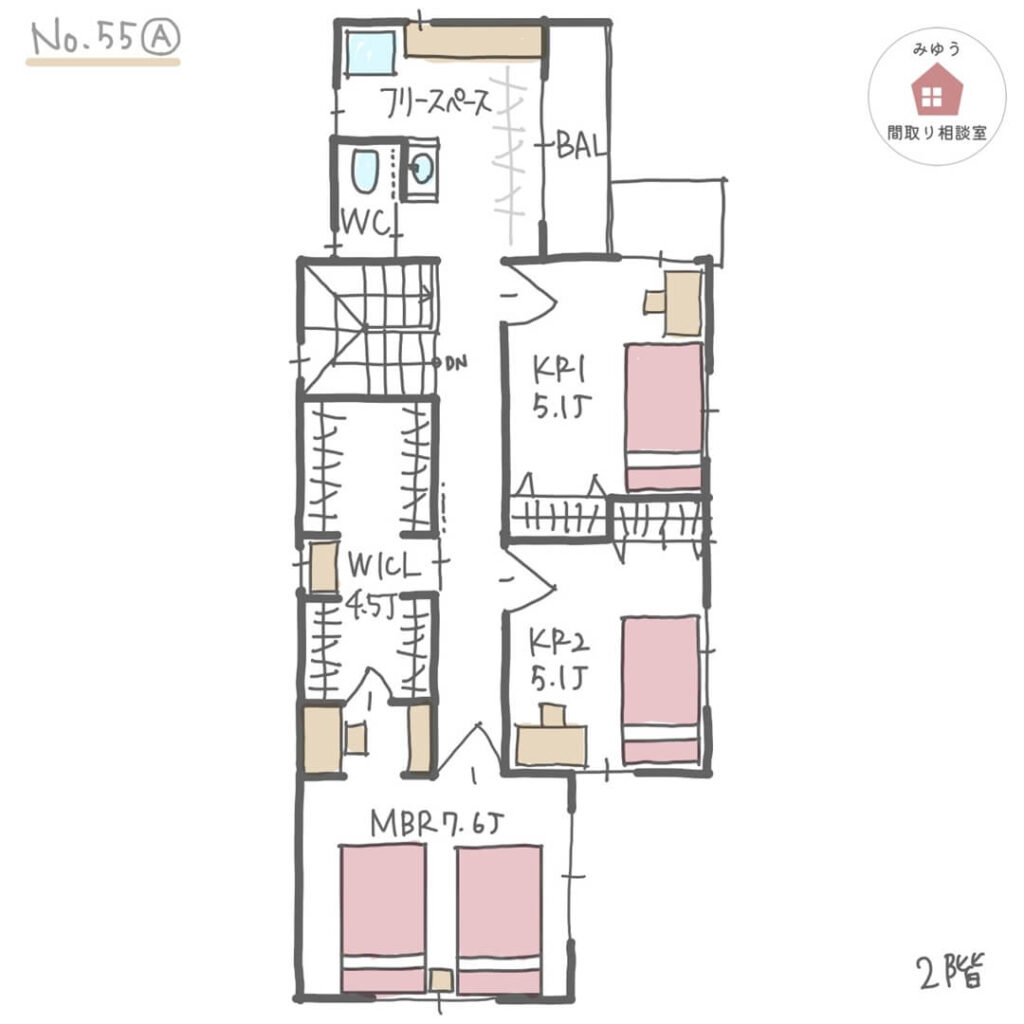 １階浴室で２階に洗濯室を設けた家事ラクな間取り【34坪3LDK2階建】No.55A-2階