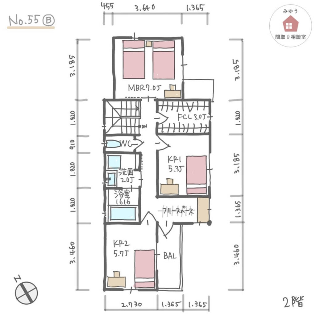 ２階に水回りを設けた洗濯動線の良い間取り【34坪4LDK2階建】No.55B-寸法有2階