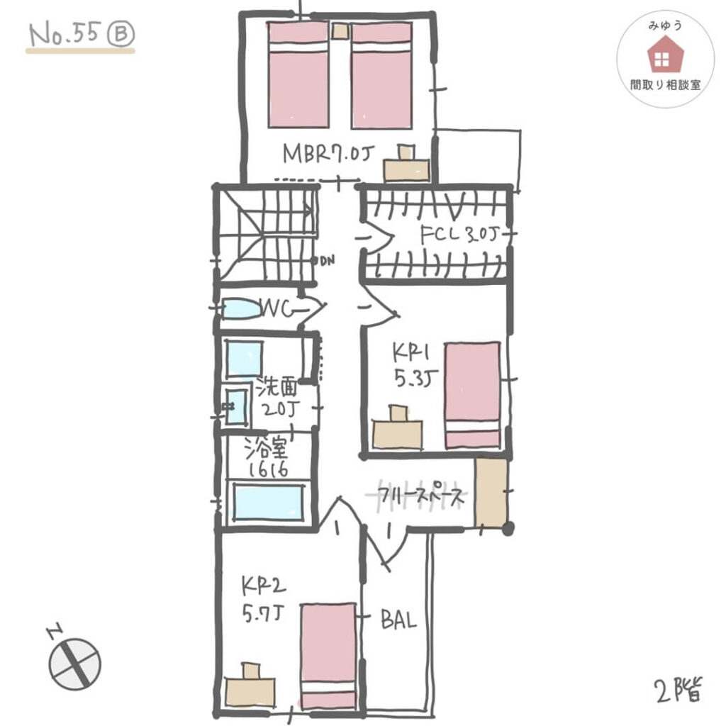 ２階に水回りを設けた洗濯動線の良い間取り【34坪4LDK2階建】No.55B-2階