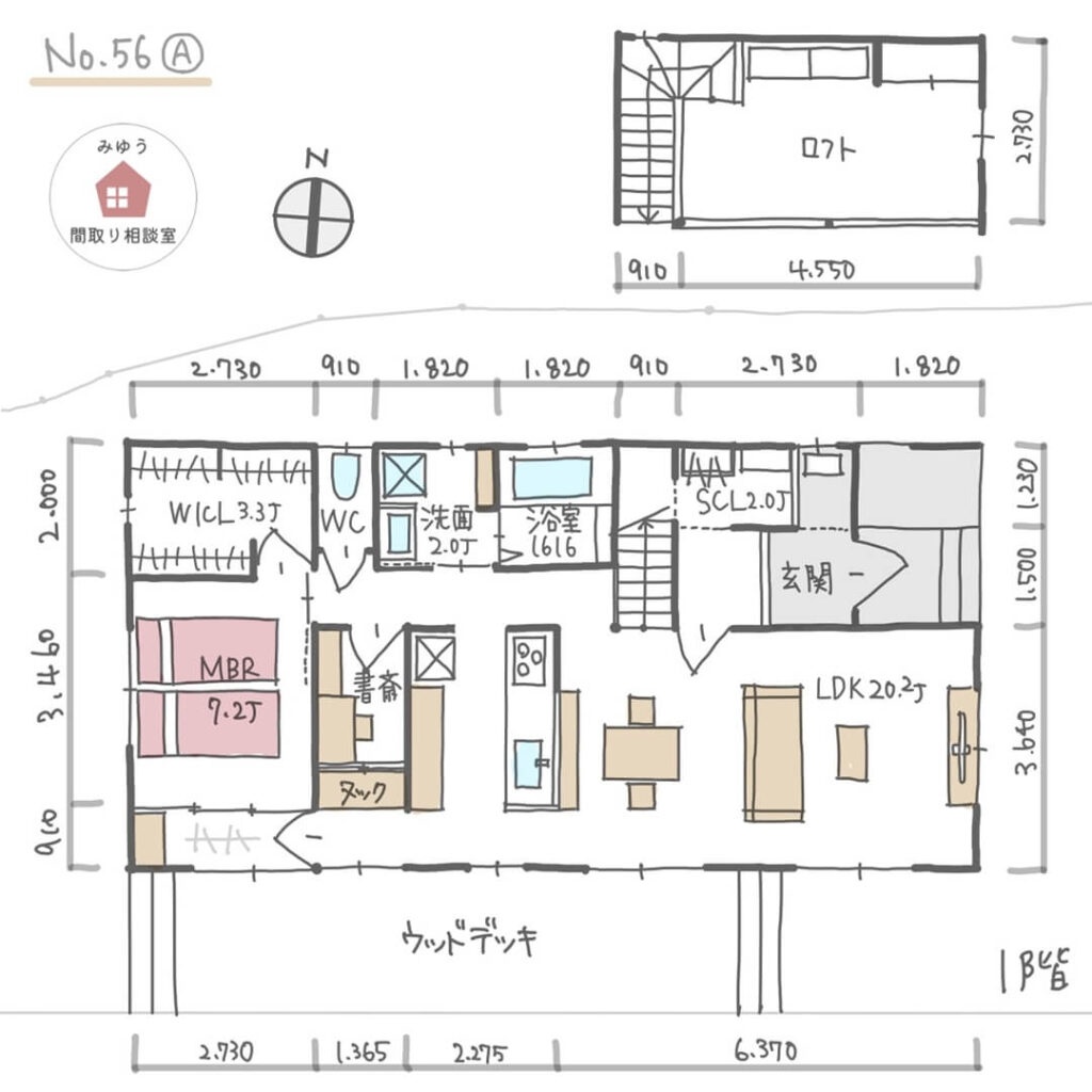 庭を眺めるヌックがある平屋建・回遊動線の間取り【23坪1LDK平屋建】No.56A-寸法有1階