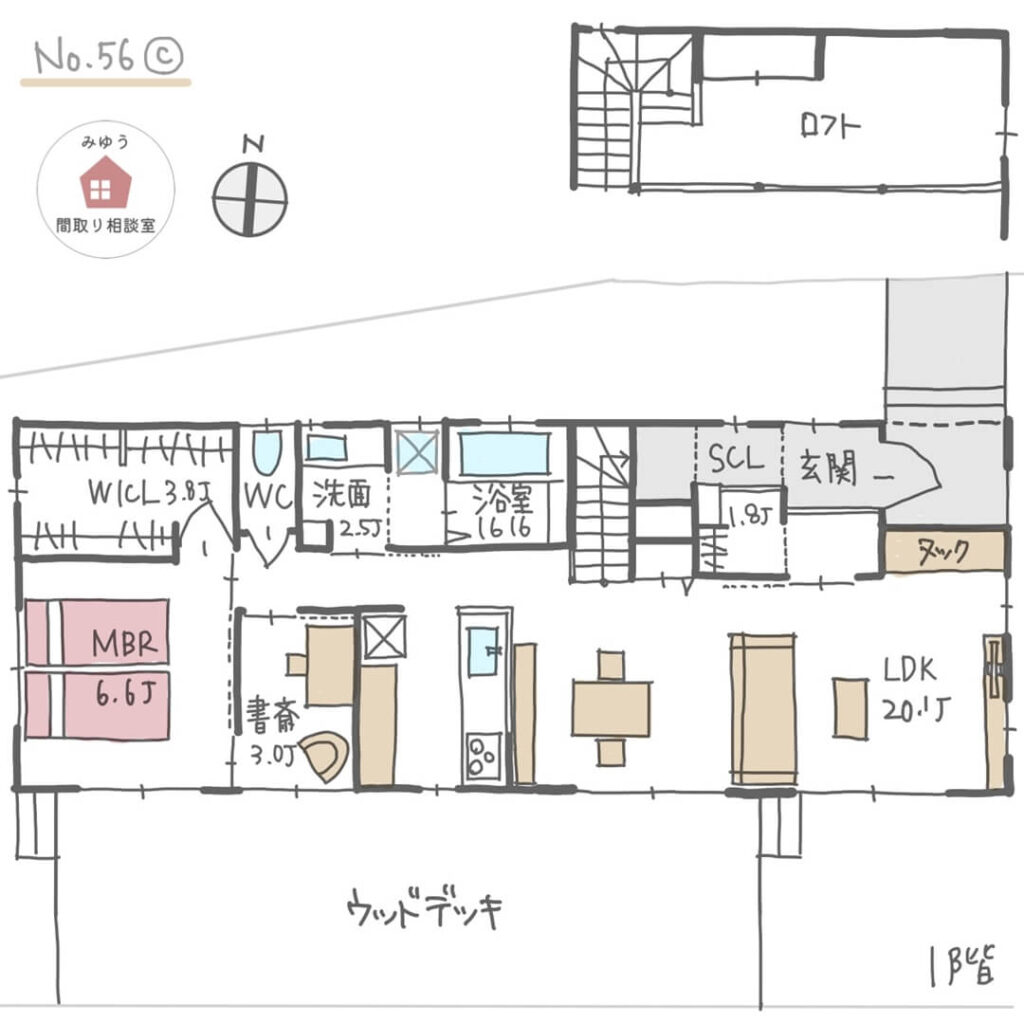 リビング横にヌックがある開放的な平屋建の間取り【23坪1LDK平屋建】No.56C-1階