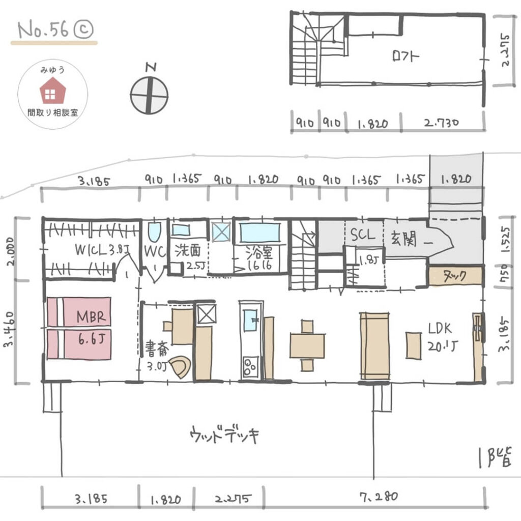 リビング横にヌックがある開放的な平屋建の間取り【23坪1LDK平屋建】No.56C-寸法有1階