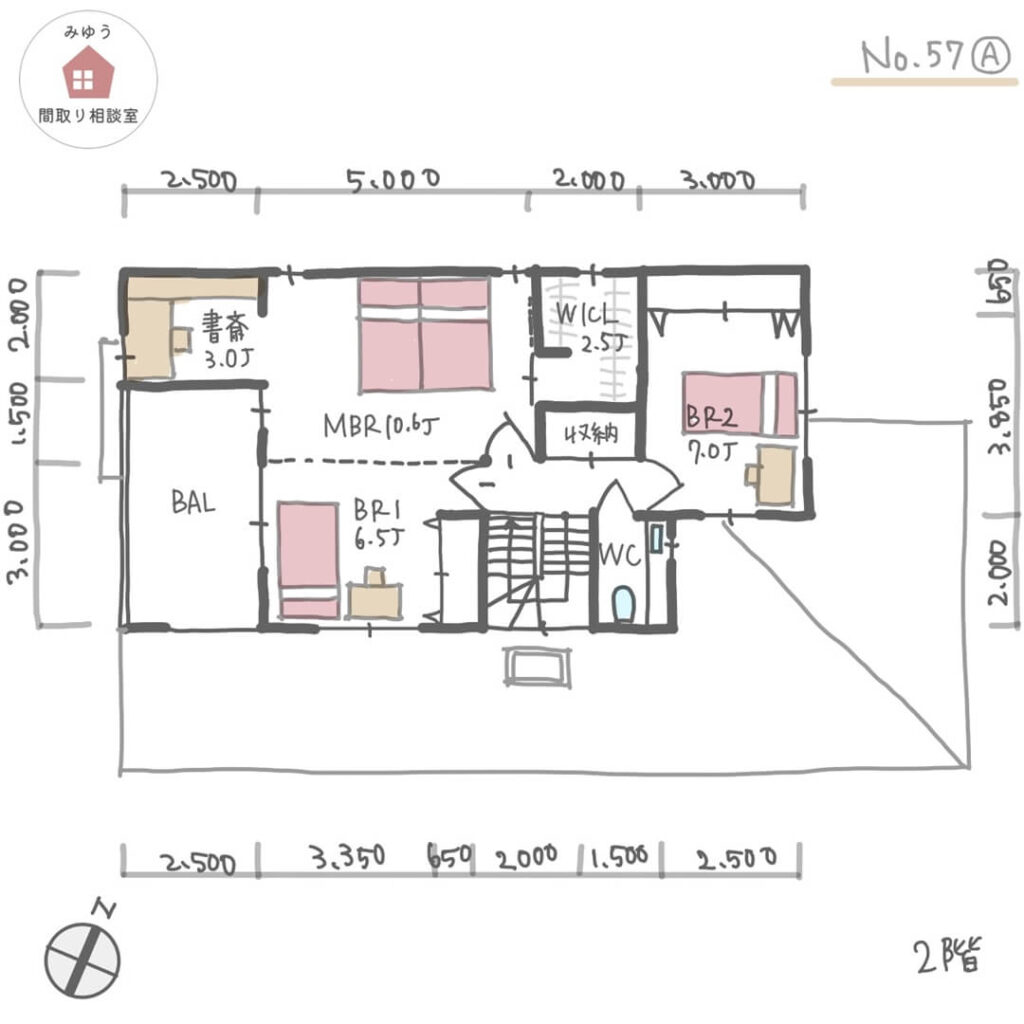 玄関から直接パントリー、キッチンに入れる間取り【49坪4LDK2階建】No.57A-寸法有2階