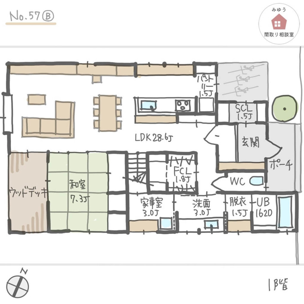 可動間仕切り収納家具で寝室を分けられる間取り【50坪4LDK2階建】No.57B-1階